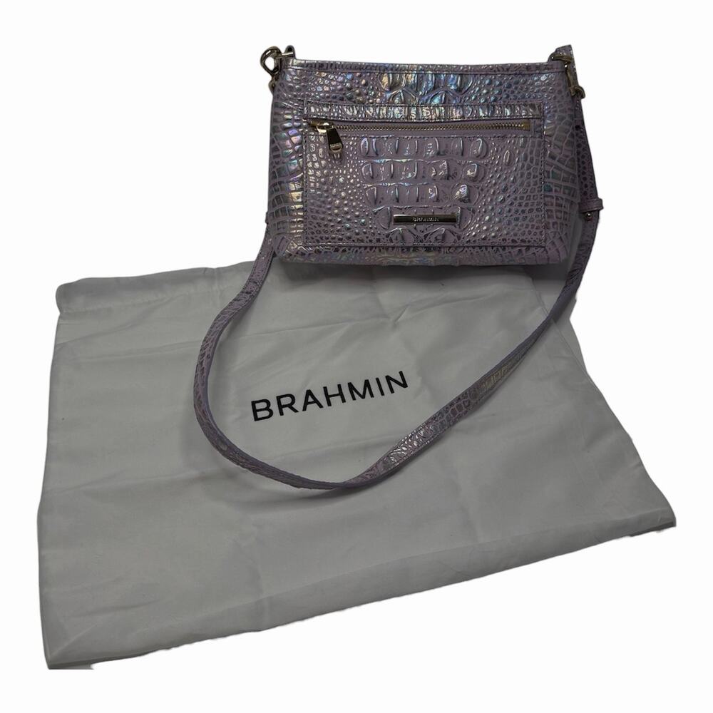 Brahmin Vida Iridescent Lavender Purple Croc Embossed Leather Crossbody Bag